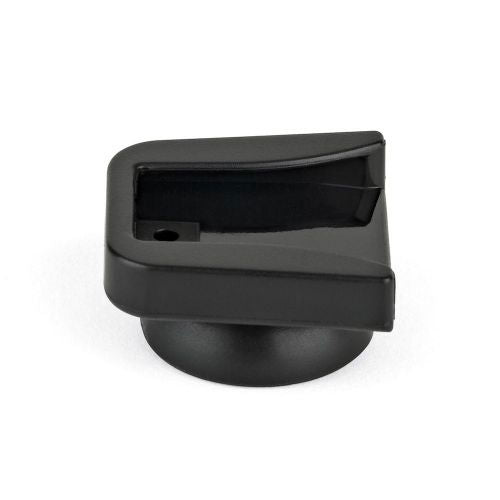 Black cold shoe mount end view with release slot and mounting cavity