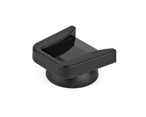 Black cold shoe mount with raised bracket and open slot for camera accessories