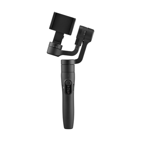 Black handheld smartphone stabilizer gimbal with phone clamp and control buttons