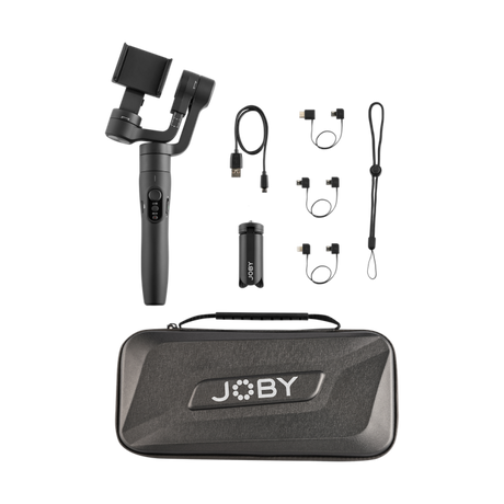 Black smartphone stabilizer gimbal with phone mount, carry case, and included cables