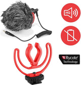 Set microfon cu paravânt gri, suport roșu; icon HQ și Rycote Technology