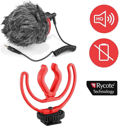 Set microfon cu paravânt gri, suport roșu; icon HQ și Rycote Technology