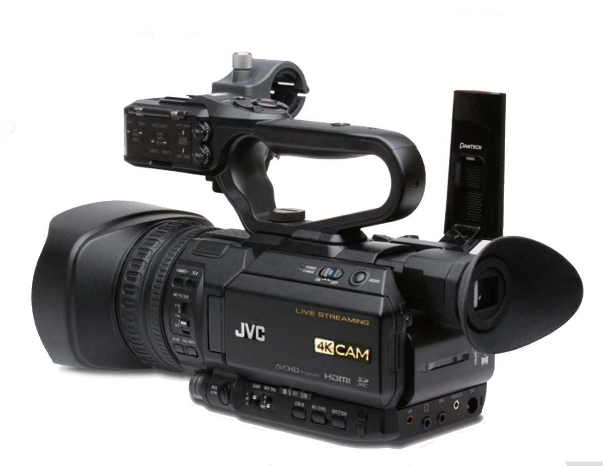 Side view black camcorder with 4K CAM label, top handle, and front lens