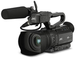 Black JVC 4K CAM video camera with detachable shotgun microphone and large lens