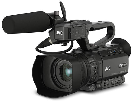 Black JVC 4K CAM video camera with detachable shotgun microphone and large lens