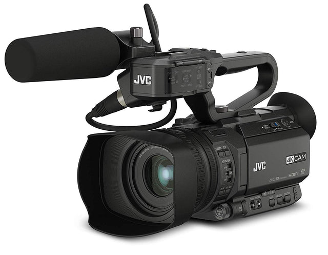 Black JVC 4K CAM video camera with detachable shotgun microphone and large lens