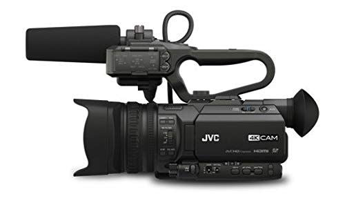 Front three-quarter view black camcorder with top microphone and 4K CAM display