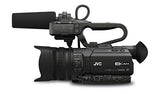 Front three-quarter view black camcorder with top microphone and 4K CAM display