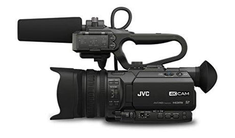 Front three-quarter view black camcorder with top microphone and 4K CAM display