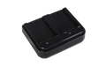 Dual battery charger base in black with two slots and small LED indicators