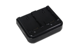 Dual battery charger base in black with two slots and small LED indicators