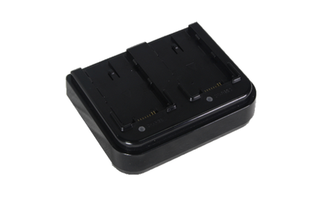 Dual battery charger base in black with two slots and small LED indicators