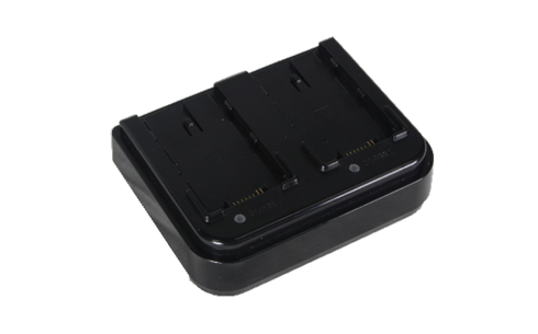 Dual battery charger base in black with two slots and small LED indicators