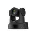 Black PTZ NDI/HX camera with zoom lens and protective hood, front view