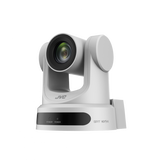 White PTZ camera with zoom lens, extended motorized head, and protective side visor