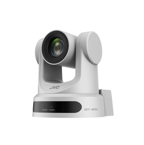 White PTZ camera with zoom lens, extended motorized head, and protective side visor