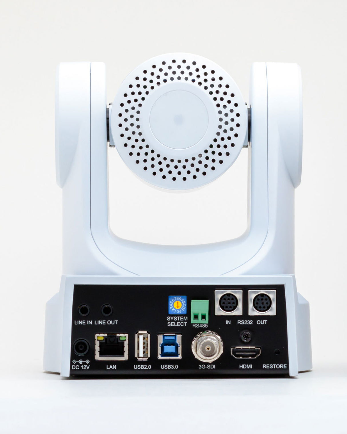 White PTZ camera rear/port panel showing labeled connectors and input/output ports
