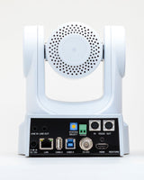 White PTZ camera rear/port panel showing labeled connectors and input/output ports
