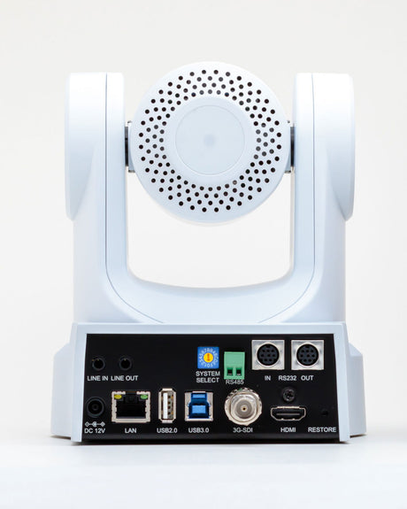 White PTZ camera rear/port panel showing labeled connectors and input/output ports