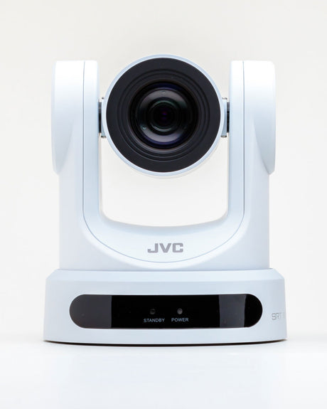 Front view of white PTZ camera with wide lens, motorized head, and base status strip