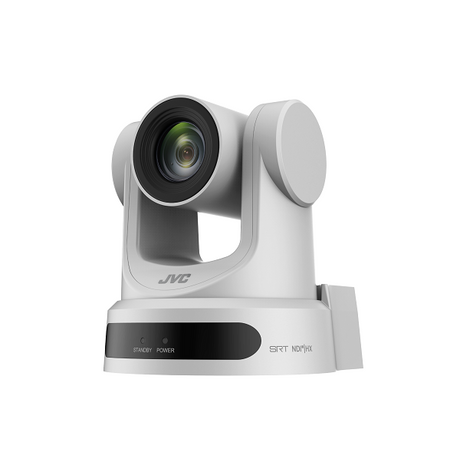 White PTZ camera with large zoom lens and motorized base, side display panel visible