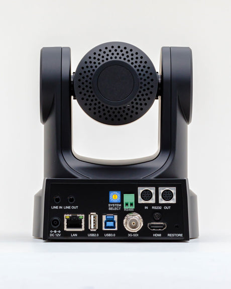 Black PTZ camera rear panel with HDMI, USB, LAN and 3G-SDI ports