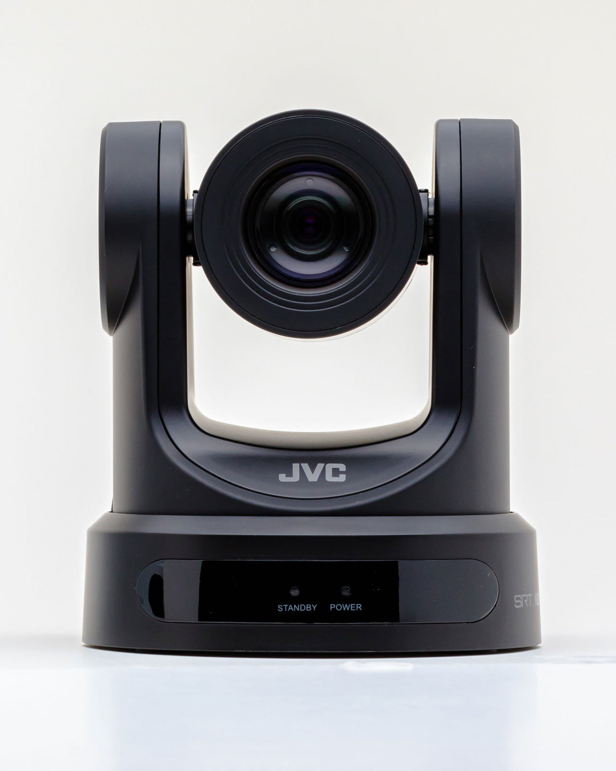 Front view of black PTZ camera with large 12x zoom lens and side arms