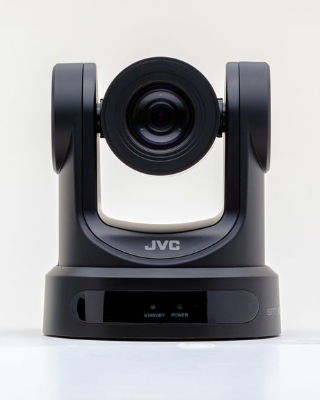 Front view of black PTZ camera with large 12x zoom lens and side arms