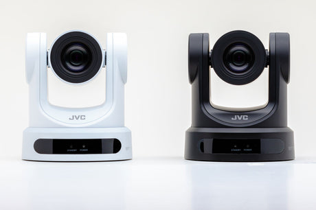Pair of PTZ cameras: white and black housings with 12x zoom lens