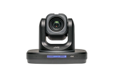 Black PTZ IP production camera front view, lens and status display, 4K on base