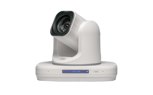 White PTZ IP production camera angled front view with lens close-up