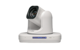 White PTZ IP production camera angled front view with lens close-up