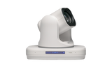 White PTZ IP camera on base, angled view of lens and head