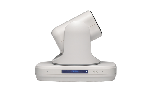 White PTZ IP camera head from side, showing dome cover and lens