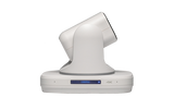 White PTZ IP camera head from side, showing dome cover and lens