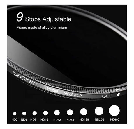 Ultra-slim variable ND2–400 filter ring with 9 stops adjustable markings