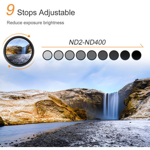 ND2–ND400 variable ND filter showing 9-stop adjustable exposure reduction