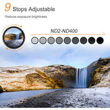ND2–ND400 variable ND filter showing 9-stop adjustable exposure reduction