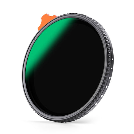 82mm variable ND filter with black glass and green reflection; orange locking lever