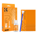 Sensor cleaning swab kit: orange box, cleaning liquid bottle, and blue swab
