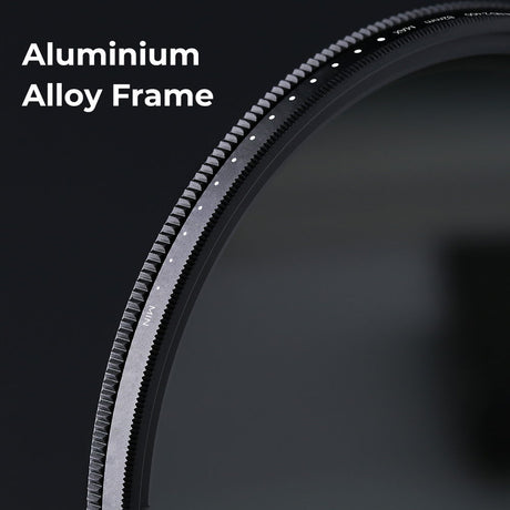 Ultra-slim ND filter ring with serrated edge; aluminum alloy frame detail