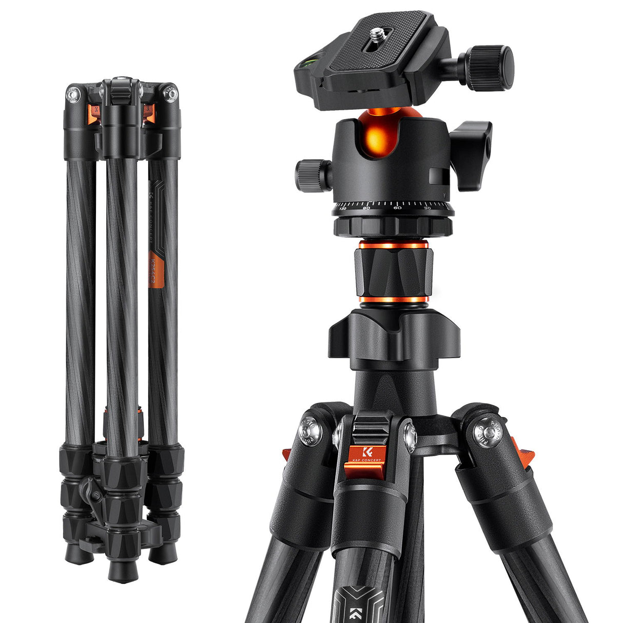 Black carbon-fiber tripod head close-up with locking dials and orange accents