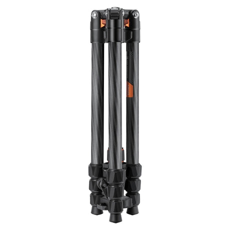 Black carbon-fiber tripod legs with multi-position locks and orange inlays