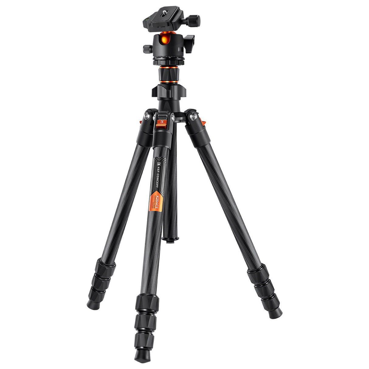 Full black carbon-fiber tripod with orange markings and 3-leg foldable base