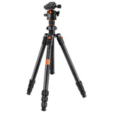 Full black carbon-fiber tripod with orange markings and 3-leg foldable base
