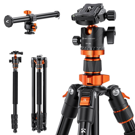 2-in-1 photo tripod kit: close-up ball head with orange controls and clamps