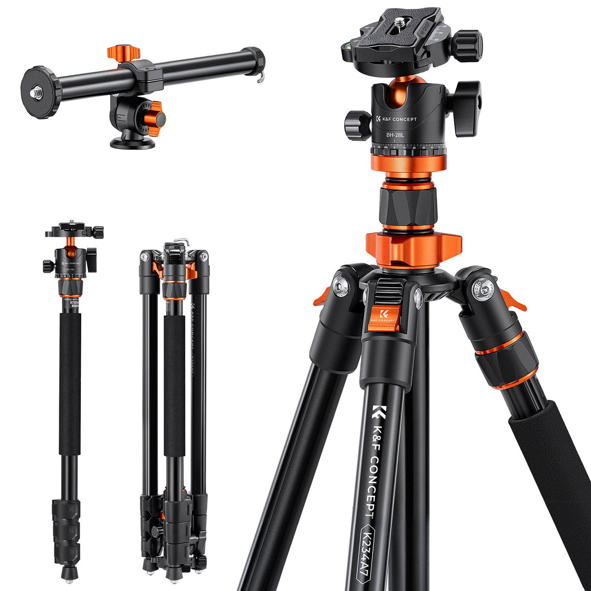 Photo tripod with orange swivel head, extended legs and adjustable twist locks