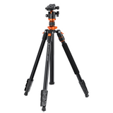Photo tripod with three legs, orange head collar, and center column extended