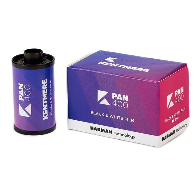 Pan 400 black & white film canister and box, 36 exp