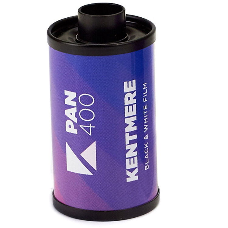 Pan 400 black & white film canister, purple label with branding, 36 exp